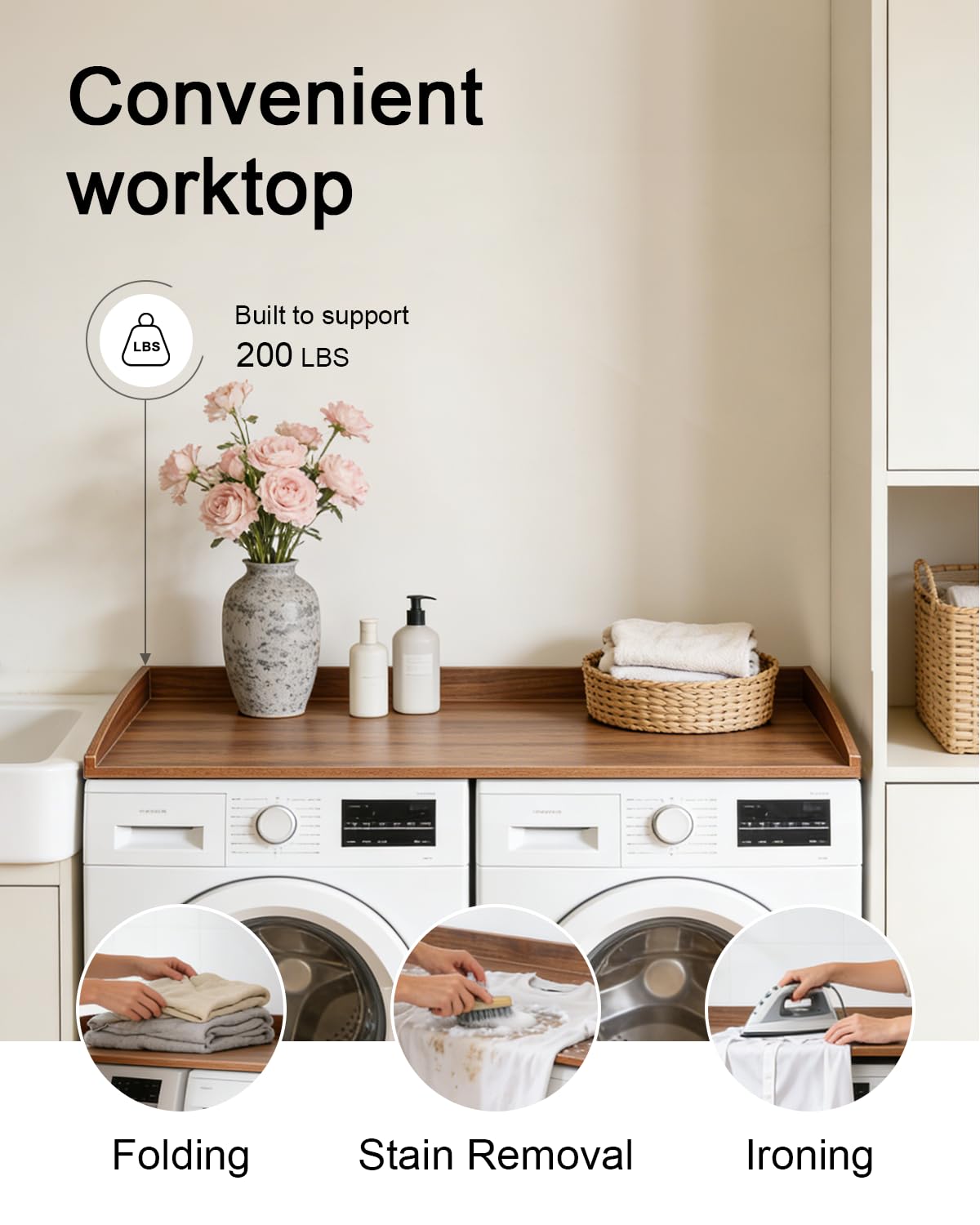 Arbeitsplatte für Waschmaschine und Trockner, waschmaschinenauflage holz, Waschmaschinenregal mit Sicherheitsleiste, Abdeckung Waschmaschine Holz, waschmaschinenabdeckung Organisation
