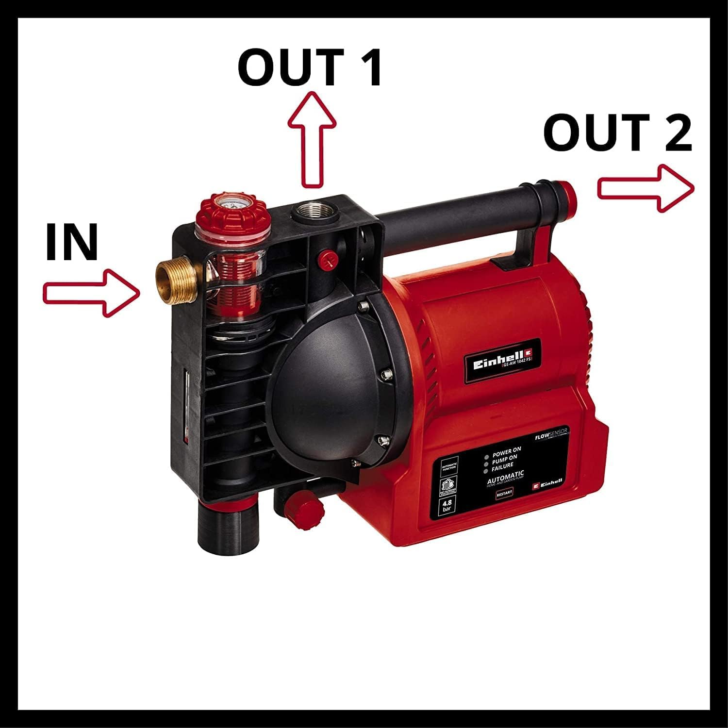 Einhell Hauswasserautomat GE-AW 1042 FS (1.050 Watt, Wasserfüll-/Schmutz-/Sauganzeige, Trockenlaufsicherung, Flow-Sensor, Thermo-/Brühschutz, Rückschlagventil)