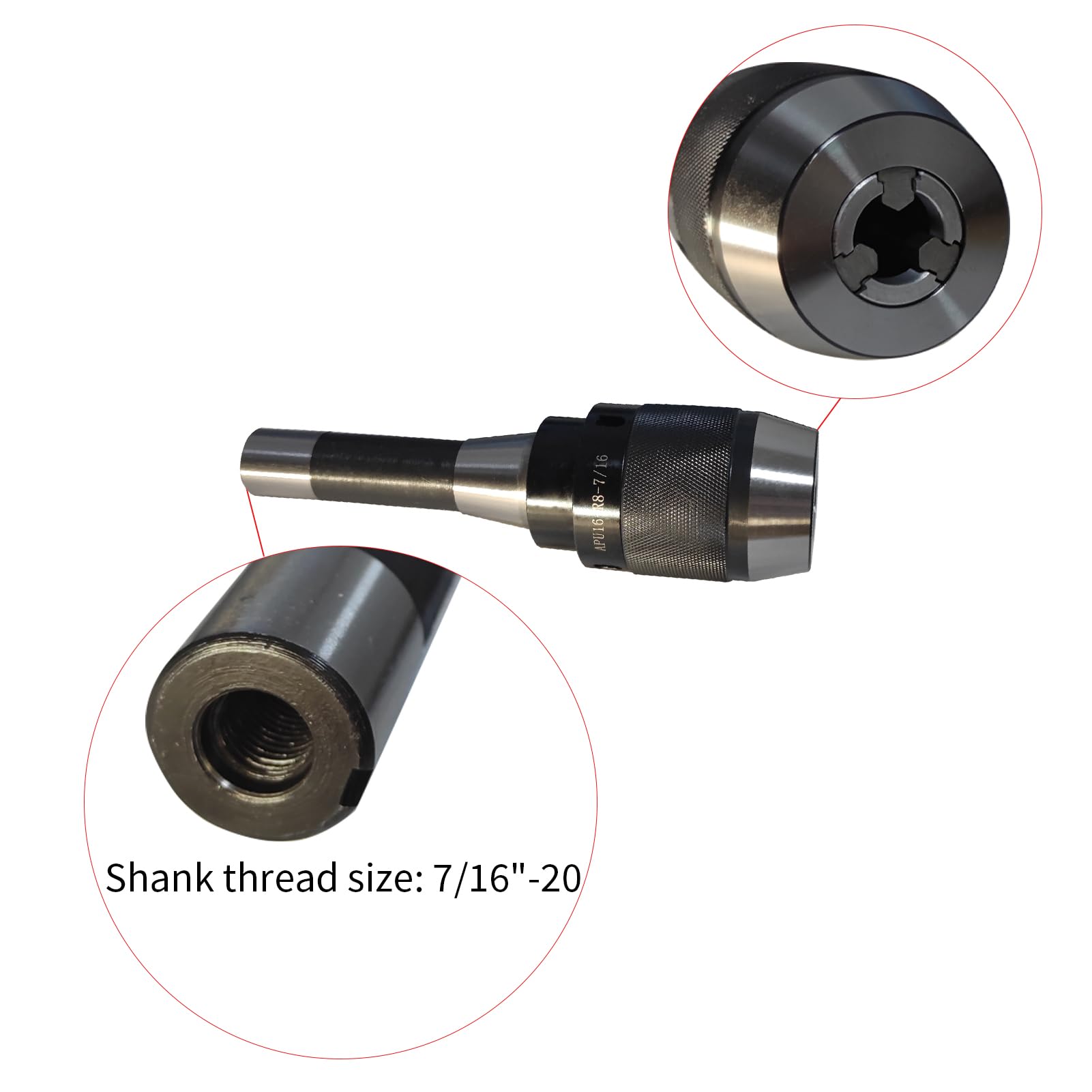 Mandrin de perceuse sans clé de 3 à 16 mm avec filetage de barre d'attelage intégrale R8 7/16"-20 et clé APU16 Mandrin de perceuse auto-serrant