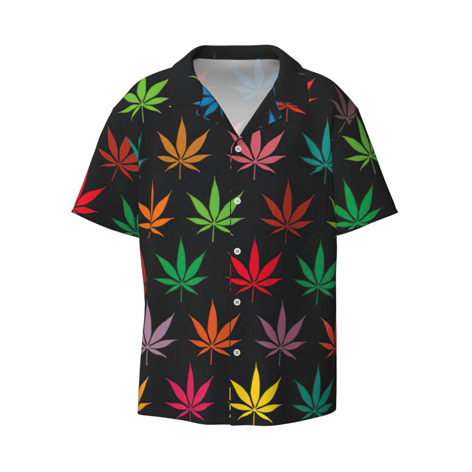 Yyoretp Men's Black Colorful Cannabis Leaves Print Hawaiian Casual Short-Sleeved Shirt For Button Down Holiday Beach Shirt