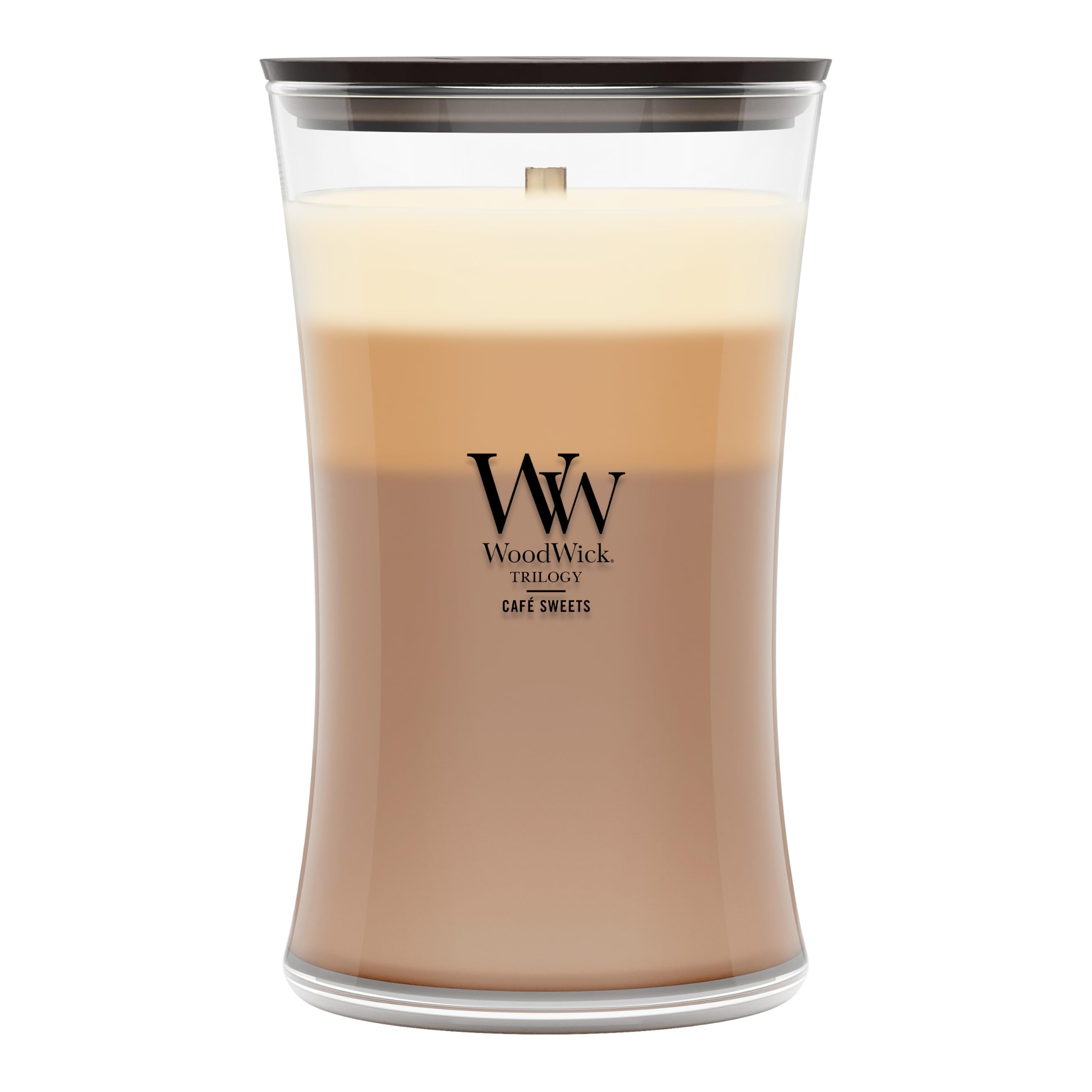Woodwick Candela in Giara di Vetro Trilogy Grande, Profurmata Dolci al caffè, Giallo-Marrone Scuro, 10X18 Cm