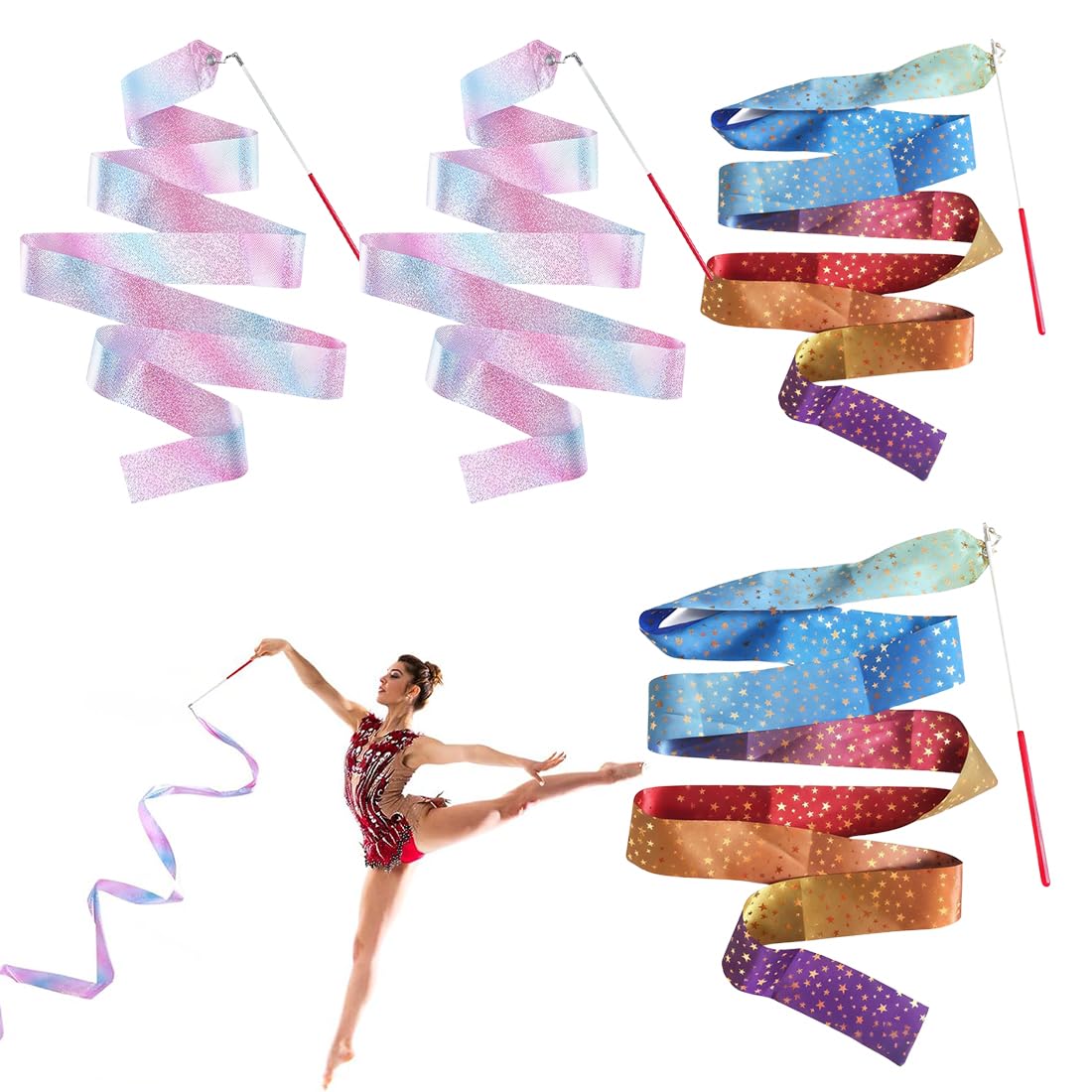 4 Pezzi Nastri da Ballo 2m Nastro da Ginnastica Ritmica con Bacchetta Ginnastica Glitterati Nastri da Danza per Talentshow Allenamento Artistico di Danza(Colorato+Rosa Viola)