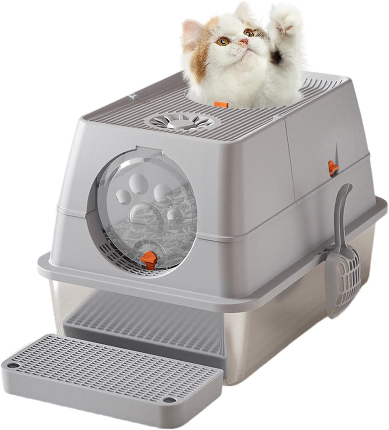 Stainless Steel Cat Litter Tray with Lid, Extra Large Metal Litter Box with High Sided Enclosure & Scoop, Easy to Clean 60×40×39cm, Light Grey