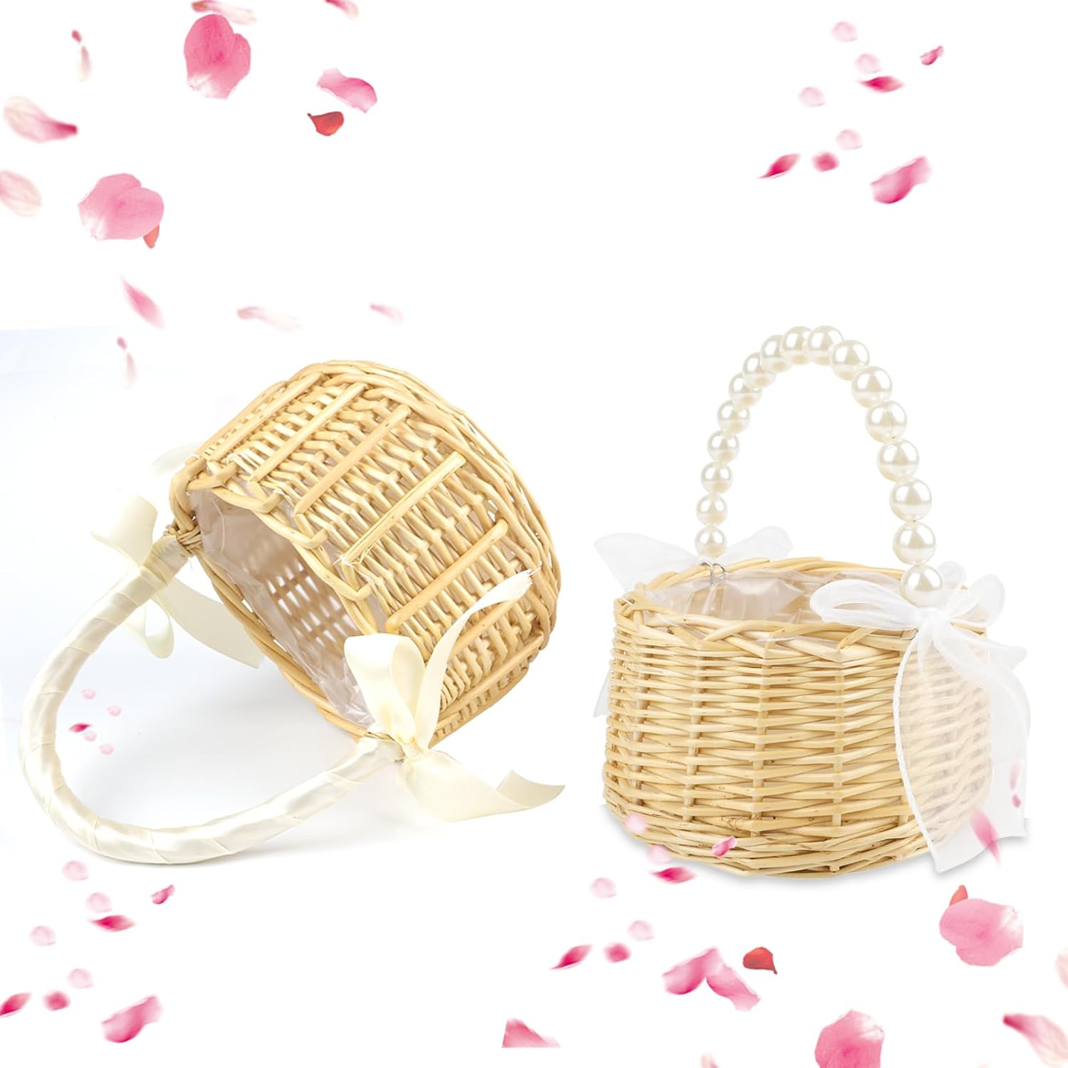 YIYA Wicker Flower Girl Basket with Pearl Handle Rattan Flower Basket for Outdoor Picnic Home Wedding Garden Decoration