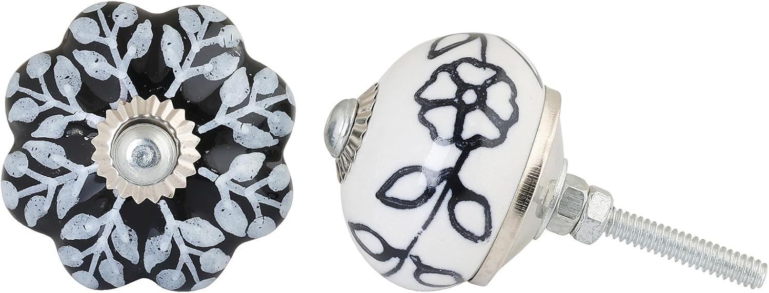 Set of 10 Black & White Vintage Ceramic Knobs | Modern Drawer Knobs | Trendy Cabinet Door Knobs | Simple Hardware for Kitchen, Bathroom Cabinets & Dressers | Stylish Pulls