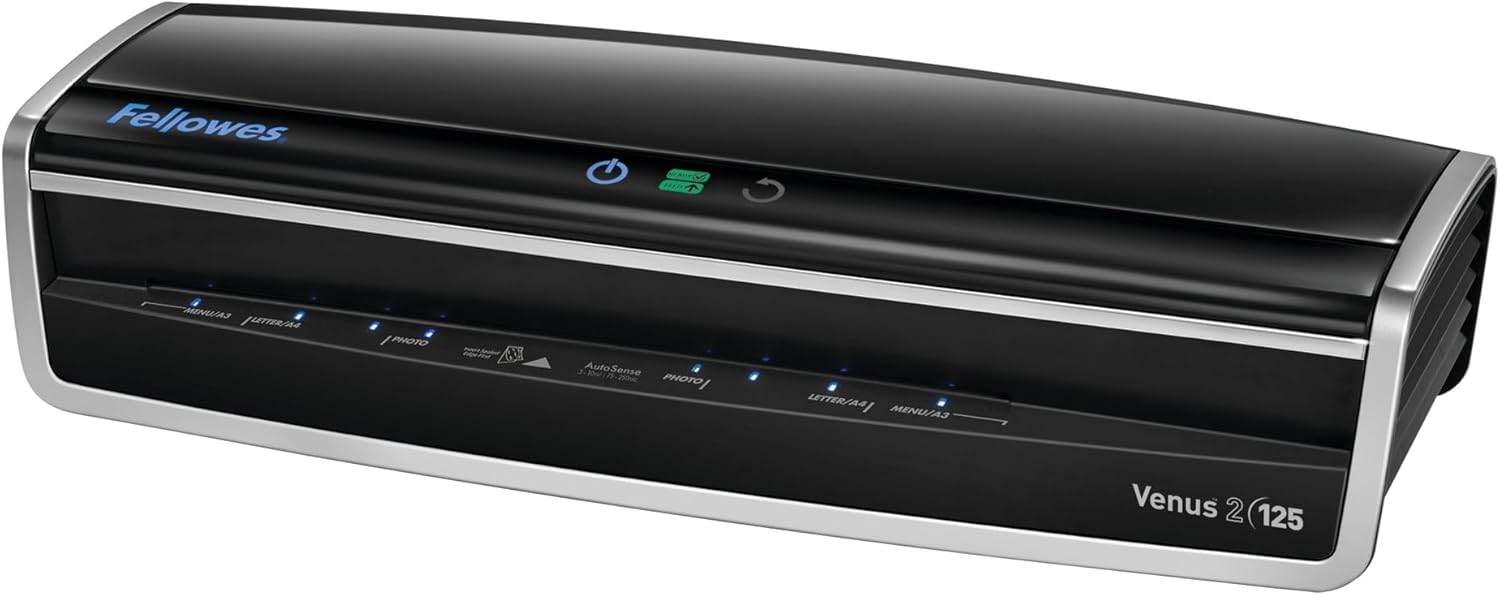 fellowes laminator venus 2 125, rapid 30-60 second warm-up laminating machine, with laminating pouches kit (5734801), black, silver, 5.1" x 21.3" x 8.2" fastest