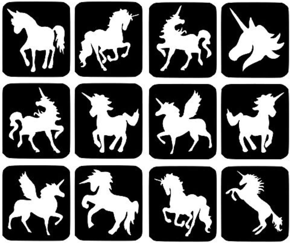 Unicorn Glitter Tattoo Stencils - 12 Large Refill Stencils Face Painting Airbrush Festivals (1. Unicorn)