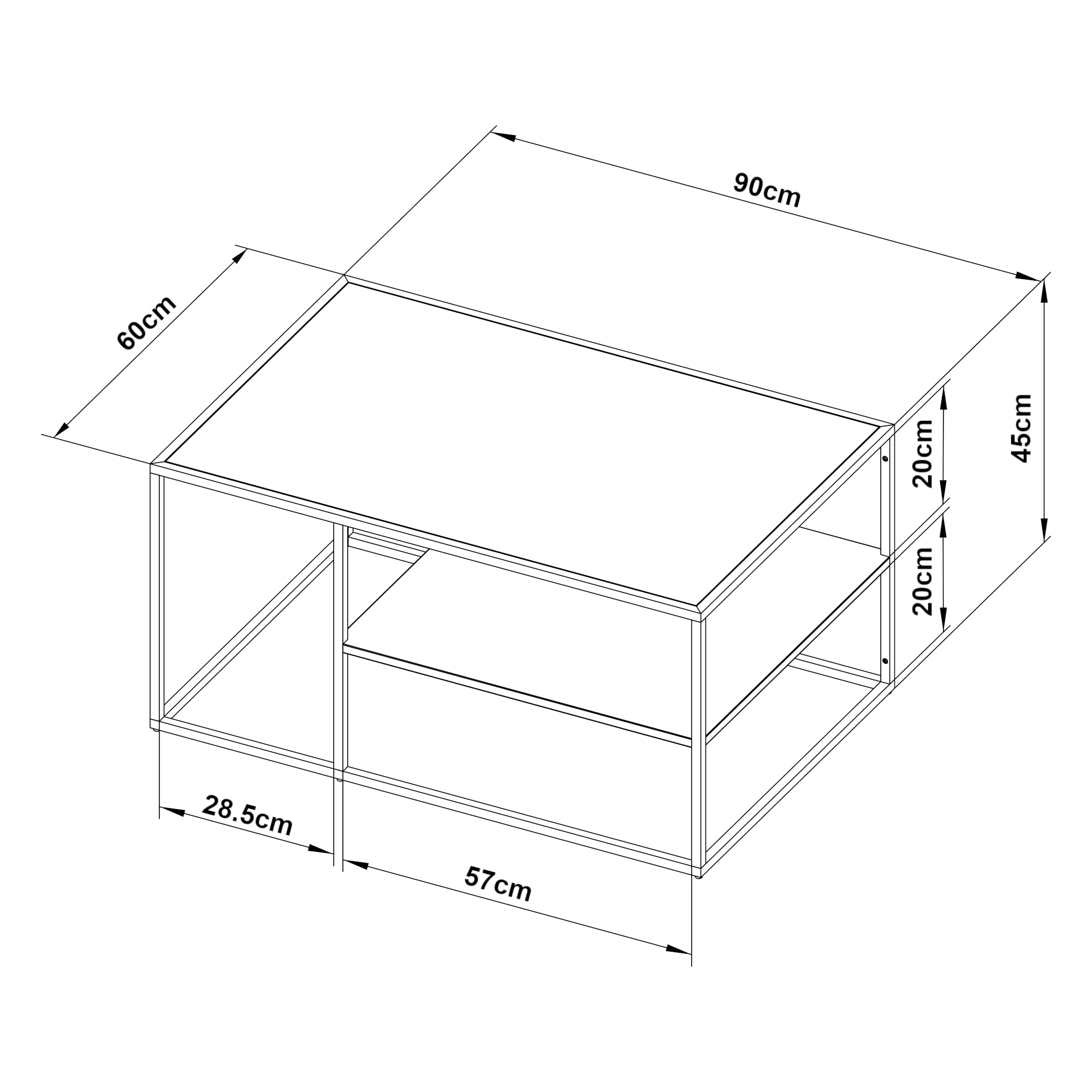 [en.casa] Tavolino Basso da Soggiorno 90 x 45 x 60 cm Tavolino Rettangolare in Accaio a 2 Piani di Appoggio Tavolino da caffè - Nero Opaco