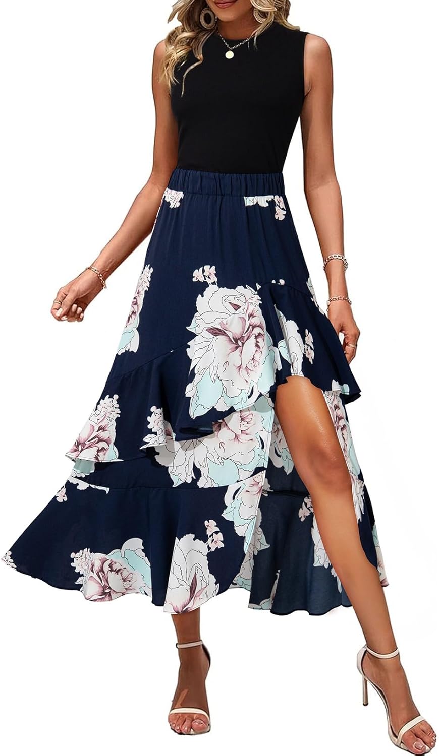 Dokotoo Women's 2026 Sleeveless Spring Summer Dresses Casual Boho Crewneck Floral Boho Cocktail Party Dresses