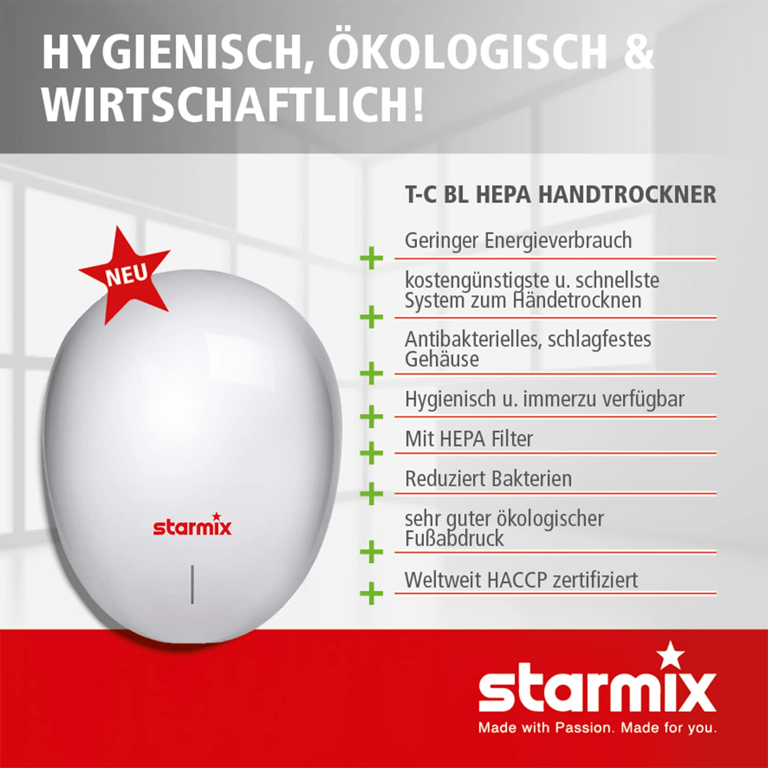 Starmix Warmluft-Händetrockner T-C BL HEPA (Händetrockner - Hygienisch, nachhaltig, effizient mit HEPA Filter und UV-C Lampe) Nr. 105000