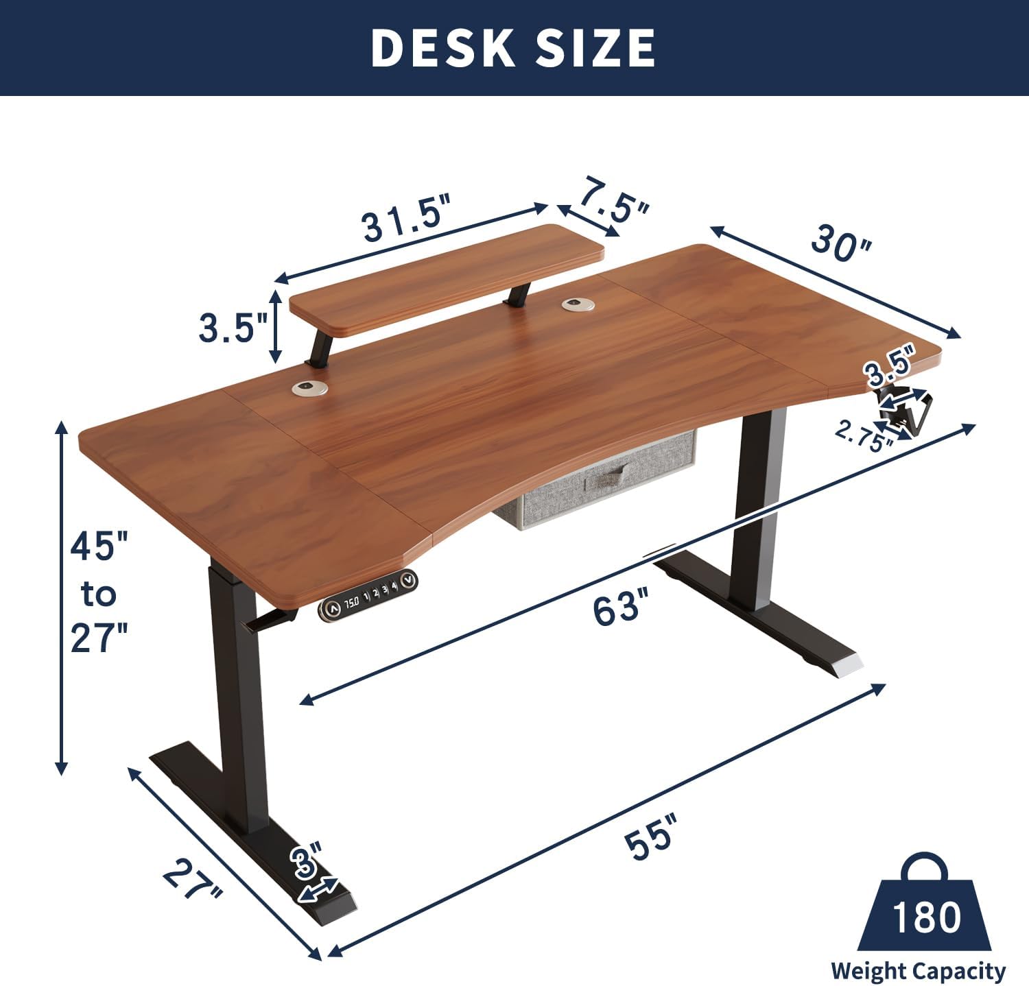 Diagram illustrating the dimensions of the HEONAM standing desk.