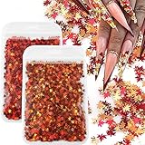 3D Fall Maple Leaf Nail Art Decals Charms for Nails, 3D Holographic Glitters Meteillc Red Yellow Nail Art Sequins Flakes for Women DIY Manicures Salon Accessories 2 Bag