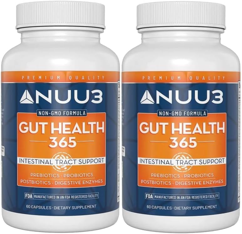 NUU3 Gut Health 365 – Digestive Enzymes & Probiotic Supplement for Women & Men – Bloating & Digestion Relief – Supports Gut Microbiome & Healthy Immune Function – 60 Capsules (Pack of 2)