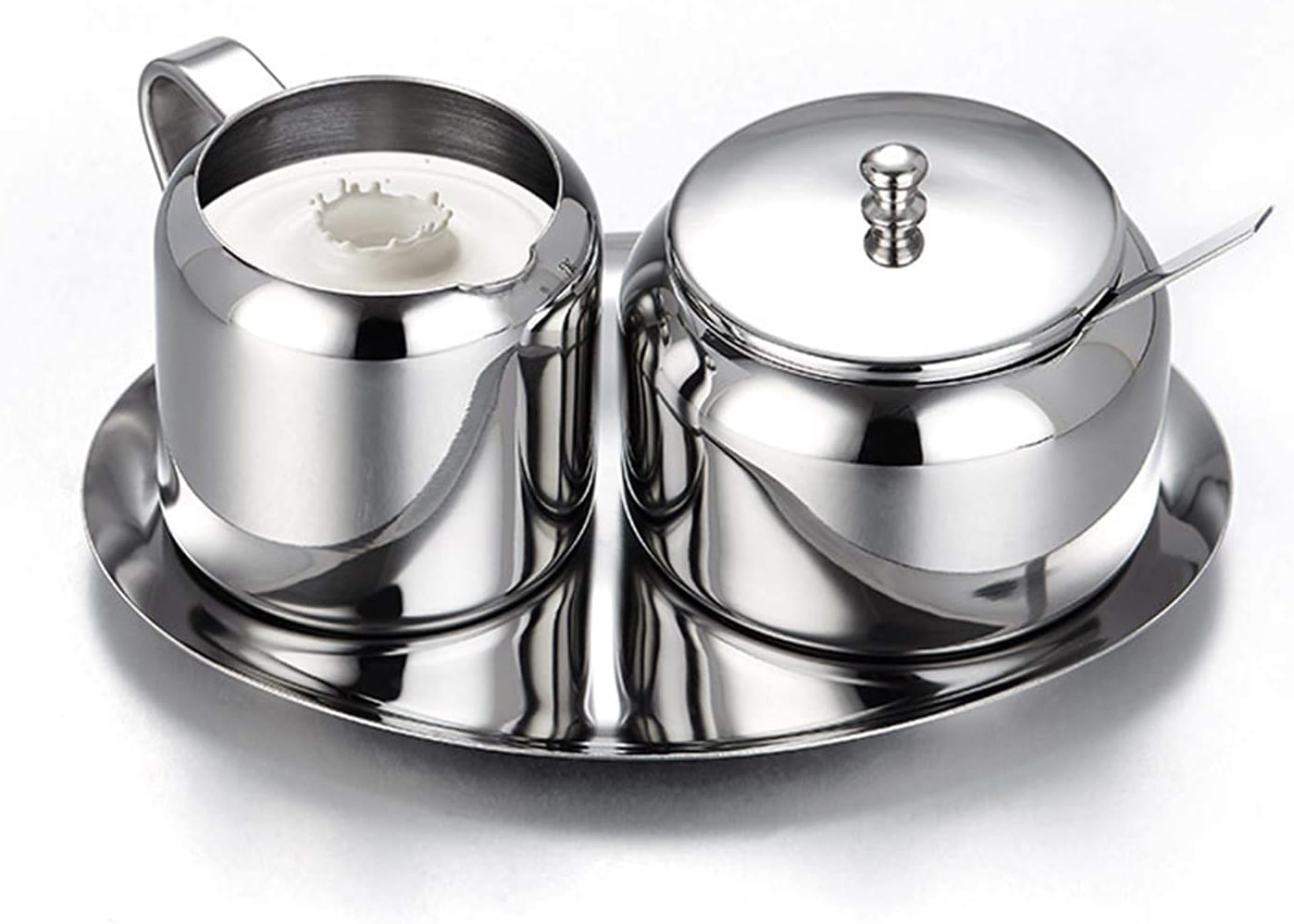 Stainless Steel Sugar Bowl, Milk and Sugar Set Small Sugar Bowl with Spoon Tray and Sugar Spoon for Home Kitchen Hotel and Coffee, Silver