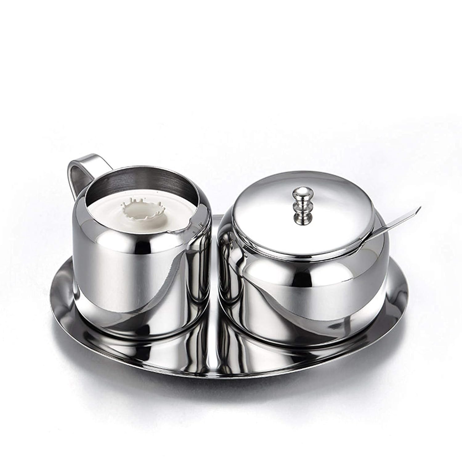 Stainless Steel Sugar Bowl Milk and Sugar Set Small Sugar Bowl with Spoon Tray and Sugar Spoon for Home Kitchen Hotel and Coffee Silver