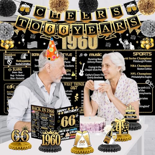 66th Birthday Decorations for Women Men, 18PCS Black Gold Back in 1960 Banner Decorations, Bday Backdrop, 66 Year Old Banner for Mother Dad, Birthday Card, 6 Paper Poms 9 Honeycomb Balls by Joycard - Used condition - Image 3
