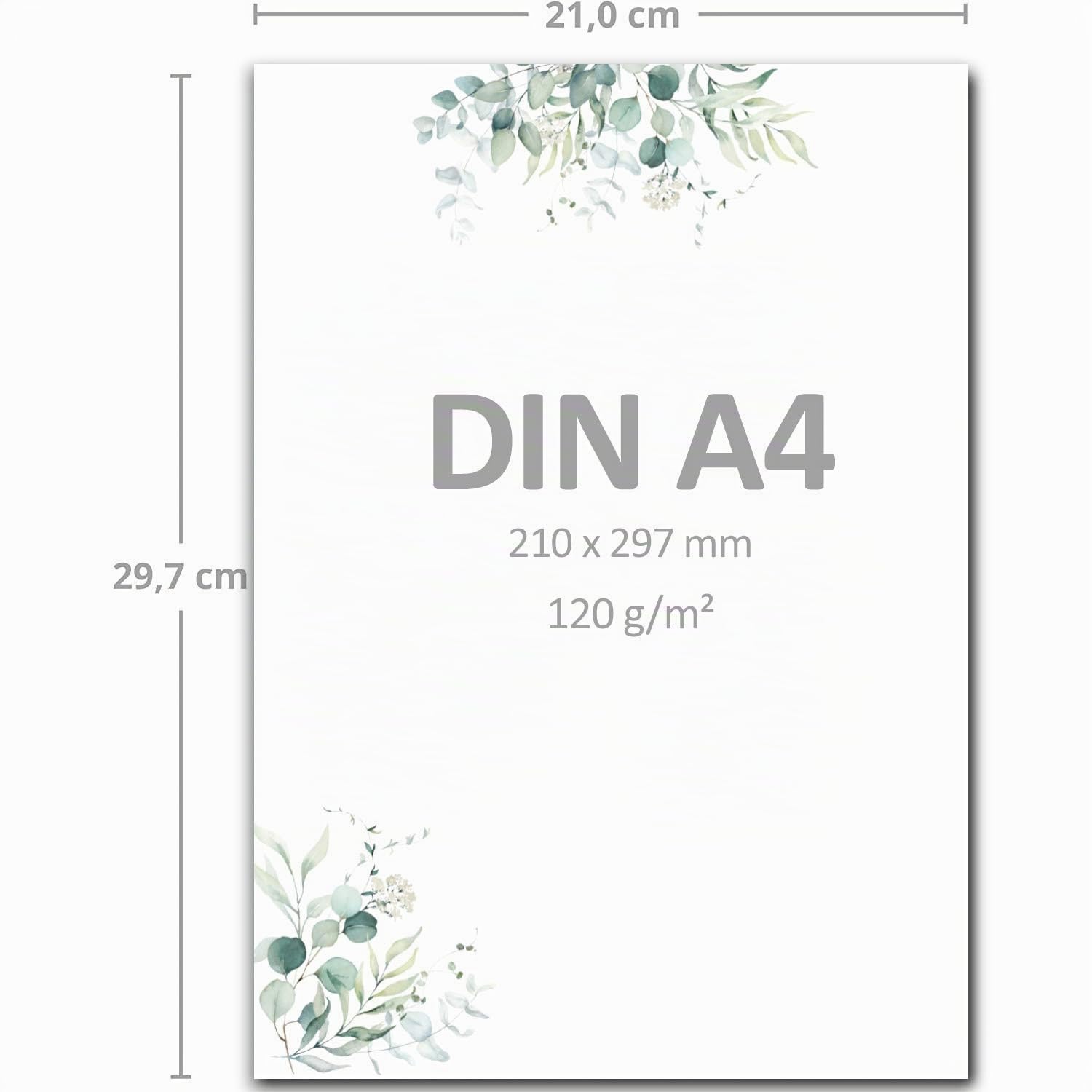 Set 25 arkuszy listowych DIN A4, kremowa papier z gałązkami eukaliptusa, koperty DIN długie zielone eukaliptus, do zaproszeń ślubnych