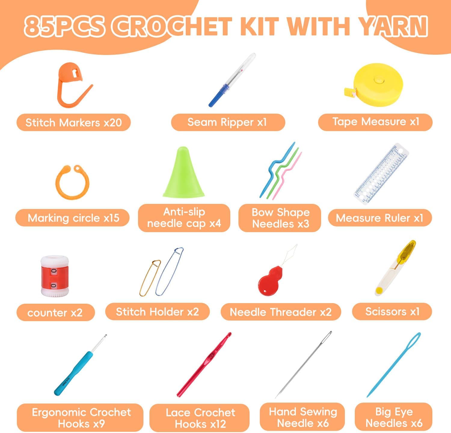 HATINXIA Crochet Hooks, 85pcs Crochet Hook Set with Storage Case, Yarn Crochet Kit for Beginners, Ergonomic Crochect Needles DIY Knitting Accessories Tools for Experienced Crochet Lovers, C2 Cat