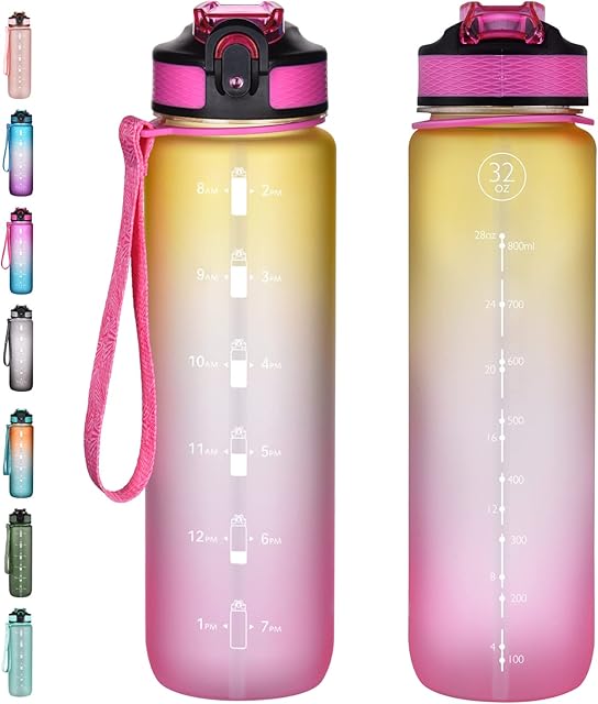 NAVTUE 1L Water Bottle with Straw, Sports Drinks Bottle with Time Markings, Leak Proof, Tritan BPA free, Dishwasher Safe, for School/Cycling/Running (YellowPink)