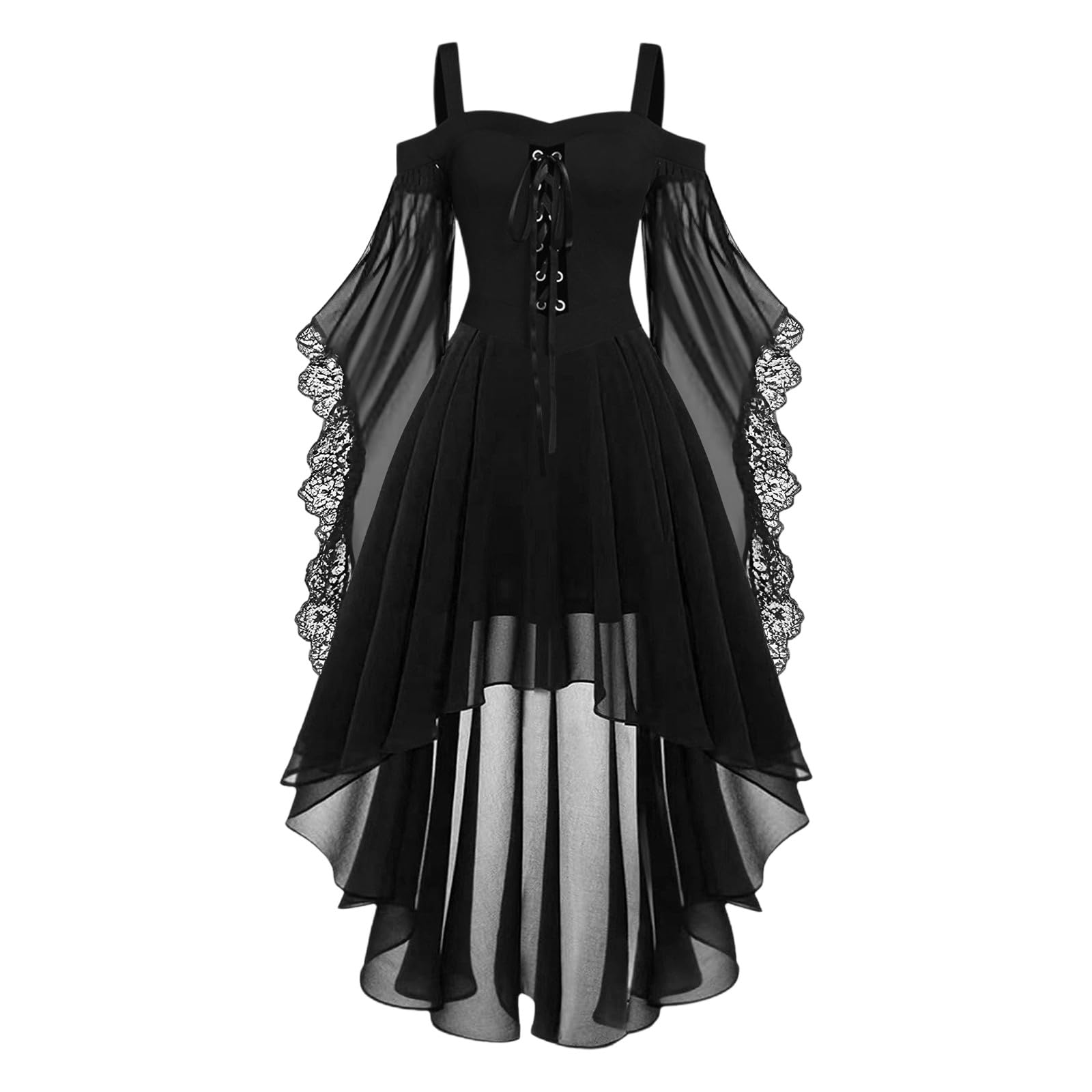 HAOLEI Medieval Costume Women, Halloween Dresses Vintage Lace Renaissance Victorian Dress Cold Shoulder Butterfly Sleeve Retro Steampunk Rockabilly Goth 80s Dress Ladies