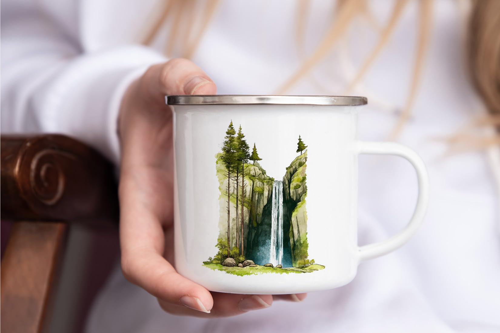Tazza Da Campeggio Smaltata - Acquerello Limone - 350 Ml - Leggera, Resistente E Vintage - Ideale Per Esterni, Campeggio, Trekking O Ufficio