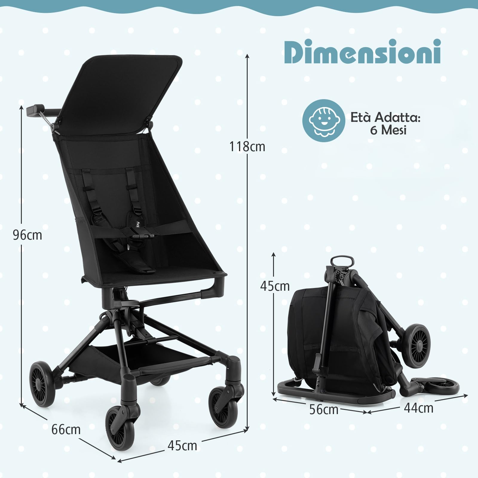 COSTWAY Passeggino Leggero per Bambini, Passeggino Compatto con Tettuccio Regolabile, Cestino di Stoccaggio e Ruote, Passeggino Pieghevole per Bambini 6+ Mesi