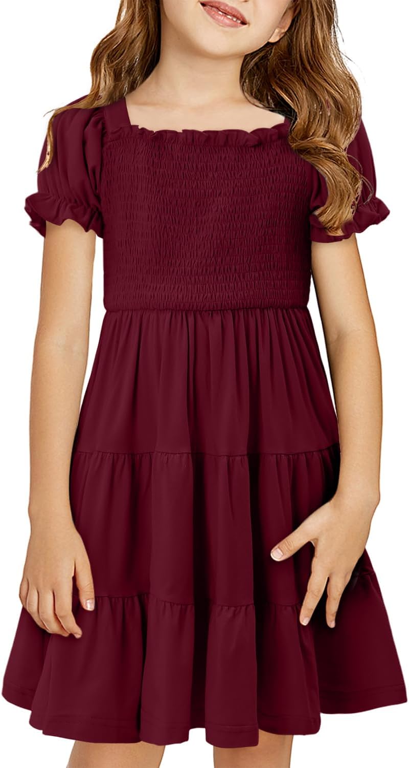 Yoklass Girls Casual Smocked Dress Square Neck Puff Short Sleeve Ruffle Dresses 4-13 Years