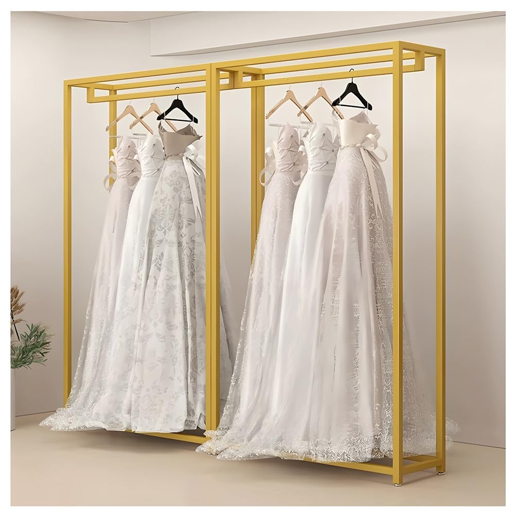 JKJZSALJ Commercial Wedding Dress Floor-Standing Display Rack, Heavy Duty Metal Garment Racks, Boutique Clothes Retail Organizer Racks, For Hanging Long Dresses Clothes,Gold,a