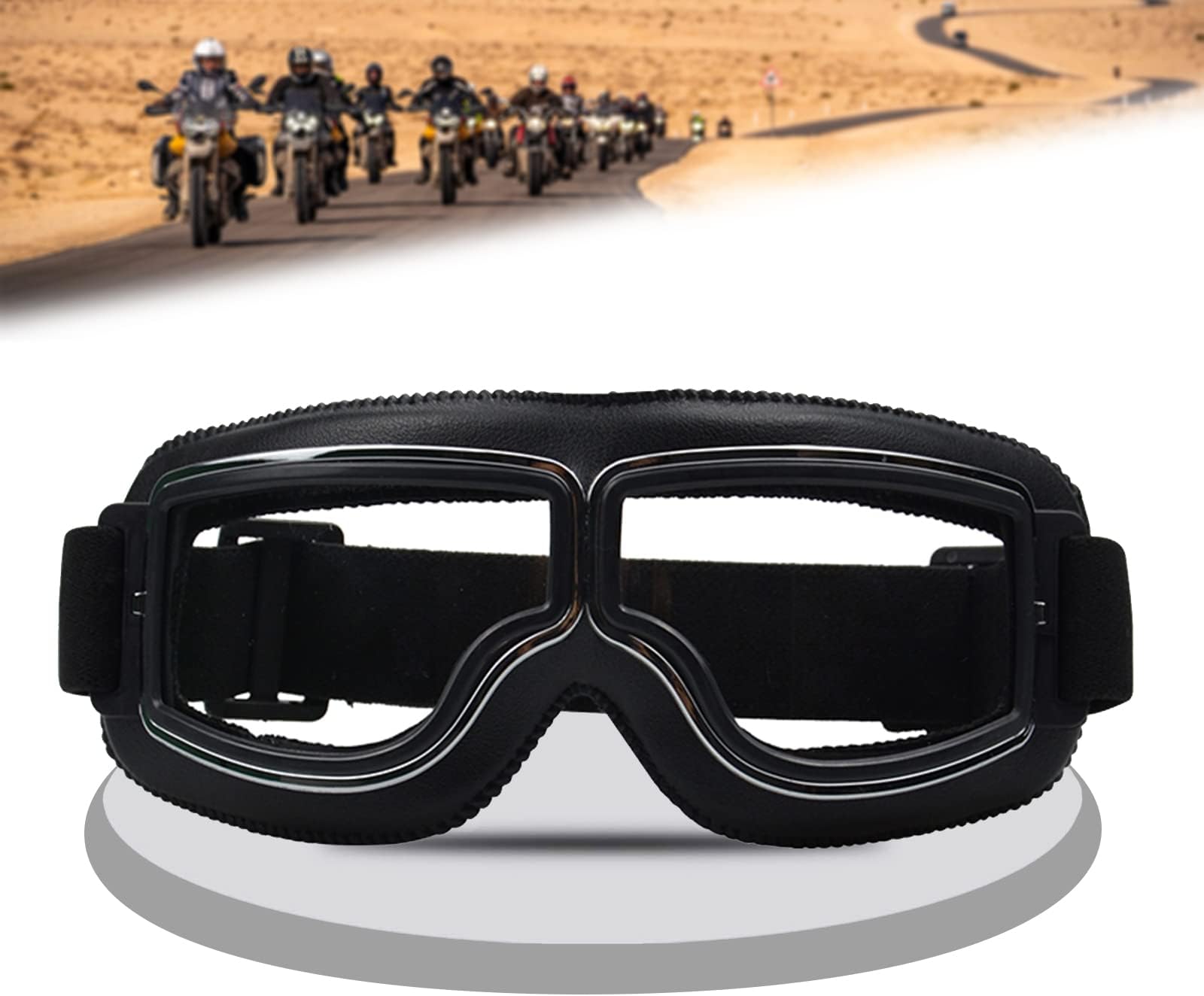Motorcycle Goggles Vintage Aviator Style Anti Fog Anti-Scratch Dustproof Protective Pilot Glasses for Cruiser Scooter Ridding ATV Off-Road Motorbike Helmet Goggles (Black Frame, Clear Lens)