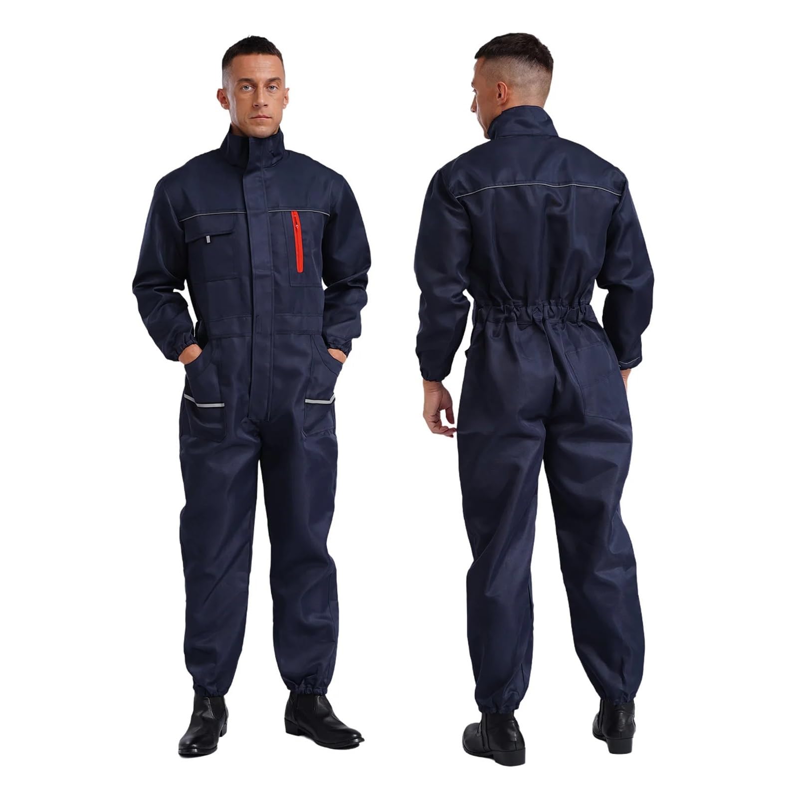 Tuta Da Lavoro Uomo Tute da lavoro resistenti da uomo e da donna, a maniche lunghe, multitasche, uniformi da officina, tute da meccanico riflettenti, abbigliamento da lavoro(Deep Blue,195 (5XL))