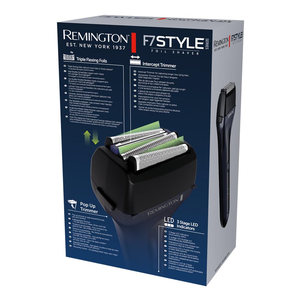 Remington Golarka elektryczna F7, golarka foliowa, bezprzewodowa, na mokro i na sucho, 100% wodoodporna, wysuwany trymer, folie Tri-flex, USB-C, czas pracy 80min, ładowania 120min, Style Series F7000