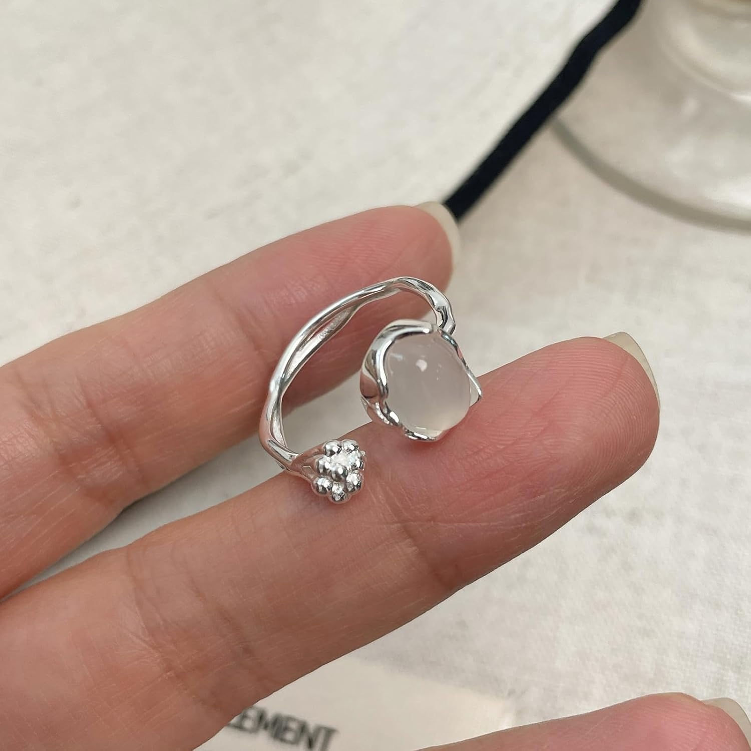 Moonstone Ring for Women, Adjustable Open Band Index Finger Ring, Minimalist Statement Jewelry, Serene Celestial Design