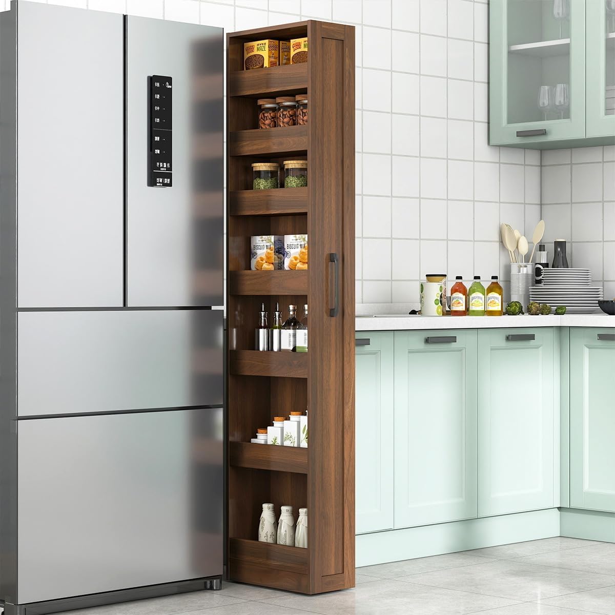 7-Tier Slim Pull-Out Storage Rack, Single-Sided Open Narrow Gap Shelf, Storage Cabinet with Wheels, Multi-Purpose Organizer for Kitchen & Living Room (Black)