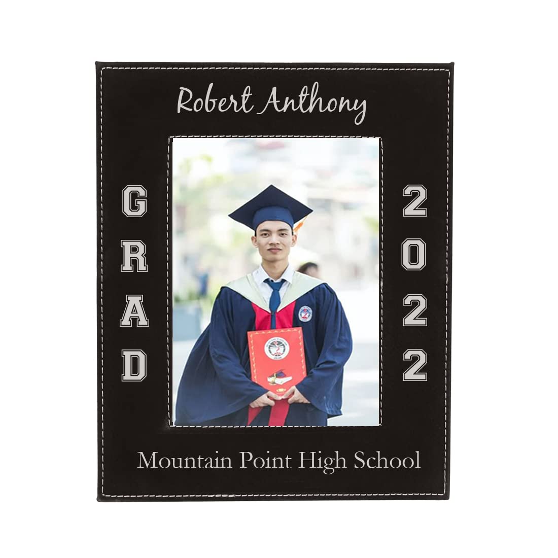 Personalized Graduate Class 2024 2025 2026 2027 2028 - Faux Leather Hanging/Tabletop Remembrance Celebration Memory Leatherette Photo Picture Student Graduation Black Frame (4x6-inch Vertical)