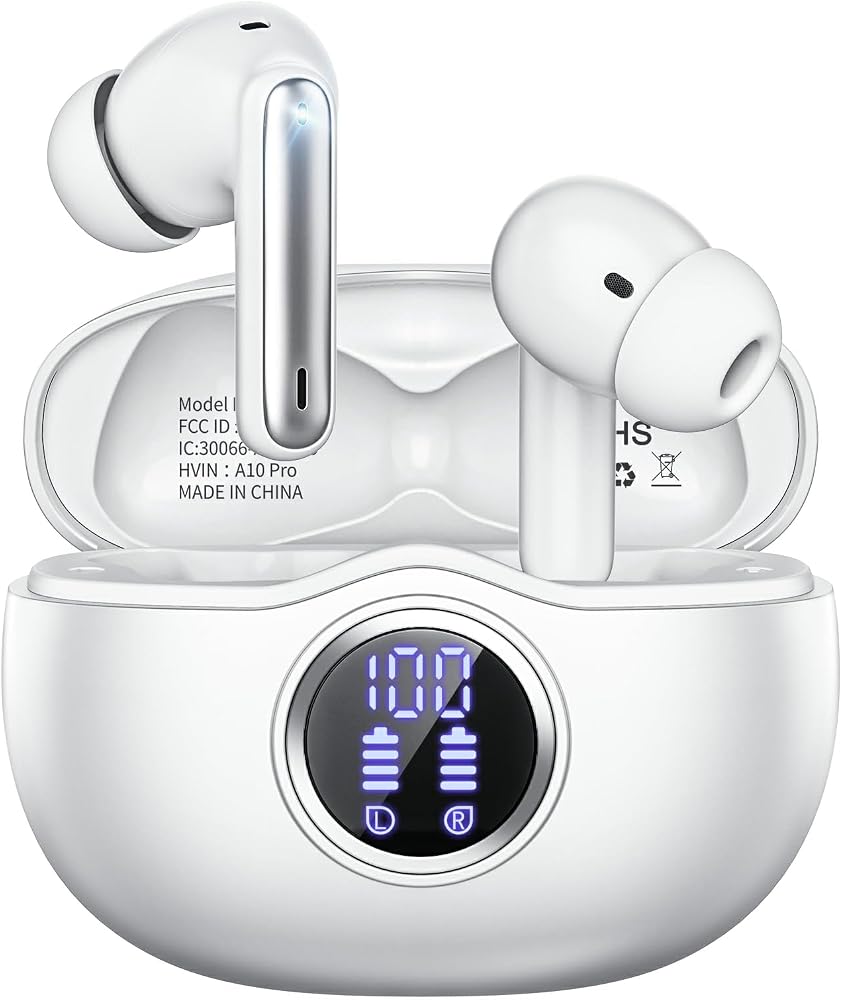 Wireless Earbuds, Bluetooth 5.3 Headphones HiFi Stereo 50H Playback LED Digital Display Ear Buds with ENC Noise Canceling Headset, IPX7 Waterproof Earphones for Gym/Running/Work(White)