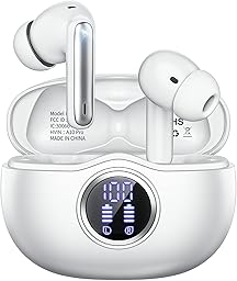 Fhumsh Wireless Earbuds, Bluetooth 5.3 Headphones HiFi Stereo 50H Playback LED Digital Display Ear Buds with ENC Noise Canceling Headset, IPX7 Waterproof Earphones for Gym/Running/Work White