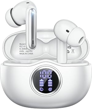 Audífonos inalámbricos, Bluetooth 5.3, estéreo HiFi, 50H de reproducción, con pantalla LED digital, cancelación de ruido ENC, resistentes al agua IPX7, para gimnasio/correr/trabajo (blanco)
