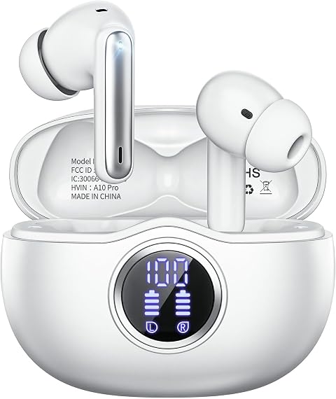 Wireless Earbuds, Bluetooth 5.3 Headphones HiFi Stereo 50H Playback LED Digital Display Ear Buds with ENC Noise Canceling Headset, IPX7 Waterproof Earphones for Gym/Running/Work(White)