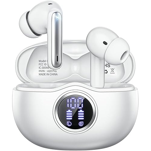 Fhumsh Wireless Earbuds, Bluetooth 5.3 Headphones HiFi Stereo 50H Playback LED Digital Display Ear Buds with ENC Noise Canceling Headset, IPX7 Waterproof Earphones for Gym/Running/Work (White)