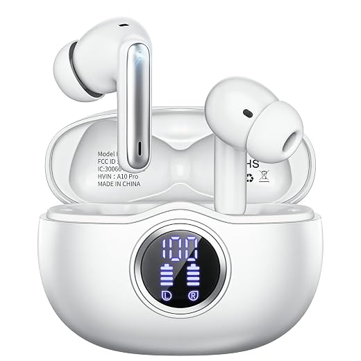 Wireless Earbuds, Bluetooth 5.3 Headphones HiFi Stereo 50H Playback LED Digital Display Ear Buds with ENC Noise Canceling Headset, IPX7 Waterproof Earphones for Gym/Running/Work（White）