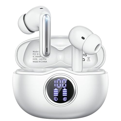 Fhumsh Wireless Earbuds, Bluetooth 5.3 Headphones HiFi Stereo 50H Playback LED Digital Display Ear Buds with ENC Noise Canceling Headset, IPX7 Waterproof Earphones for Gym/Running/Work（White）