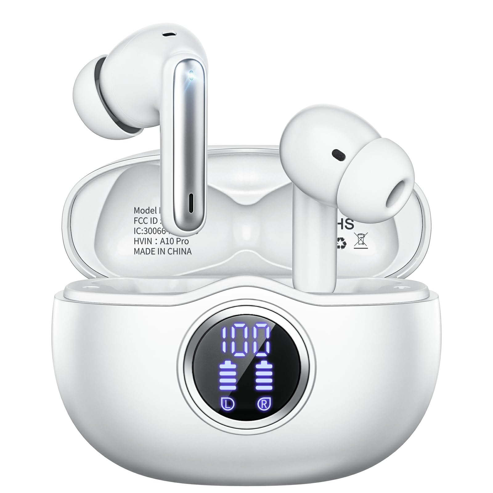 Wireless Earbuds, Bluetooth 5.3 Headphones HiFi Stereo 50H Playback LED Digital Display Ear Buds with ENC Noise Canceling Headset, IPX7 Waterproof Earphones for Gym/Running/Work White