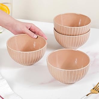 Ceramic Bowls for Snacks - Dishwasher & Microwave Safe Bowl Set of 4, Ribbed Texture Serving Bowl Set for Rice, Dal, Vegetables, Fruits, Salad, Maggi & Noodles (Beige - 650ml)
