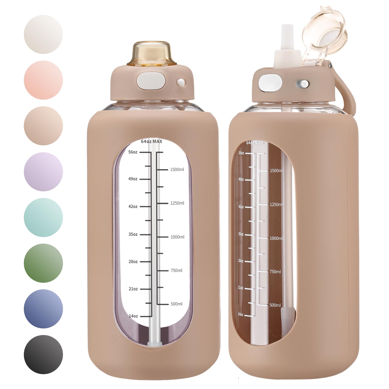 SIEROZUR 64 oz Glass Water Bottle Jug with Straw Half Gallon Sports Motivational Water Bottle with Silicone Sleeve and Time Marker Big Glass Water Bottle for Gym, Sports, Workout, Daily