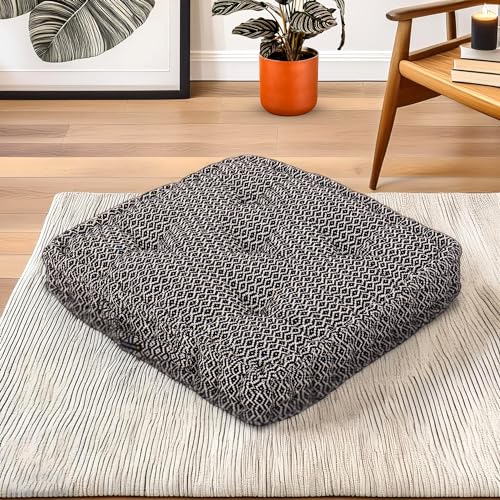 Image of Woven Quilted Floor Cushion 40x40x8 cm Black Argyle with Cotton Filler Small Size for Seating, Patio Seat, Meditation, Yoga, Pooja, Guests, Living Room, Bedroom Size - 16x16x3 Inch