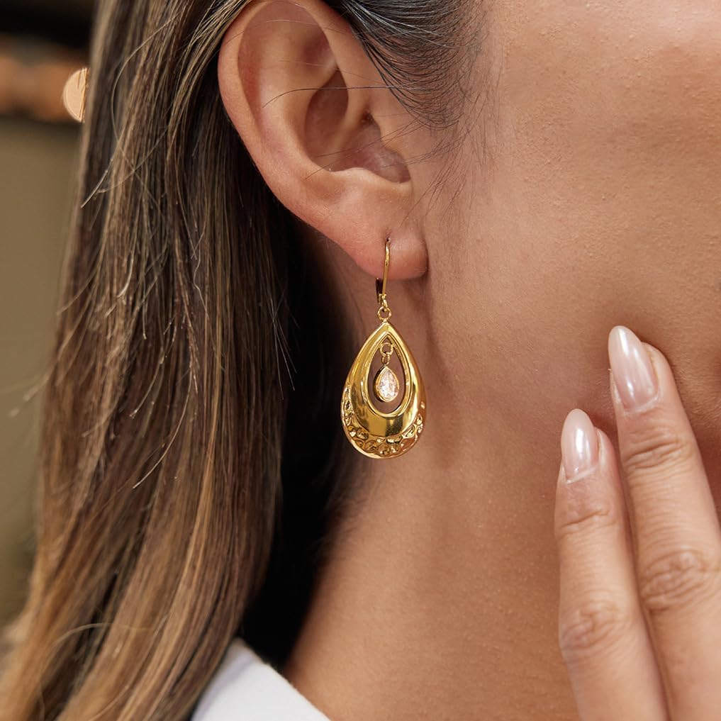 18K Gold Plated Teardrop Dangle Earrings For Women CZ Zirconia Hammered Layer Drop Dangle Earrings Jewelry Hypoallergenic Boho Teardrop Lever back Dangle Earings for Jewelry Gifts - Image 6