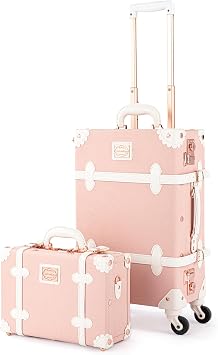 COTRUNKAGE Large Check In Vintage Luggage Set with Train Case, Embossed Pink, 2 Piece13/24in, TSA-Approved