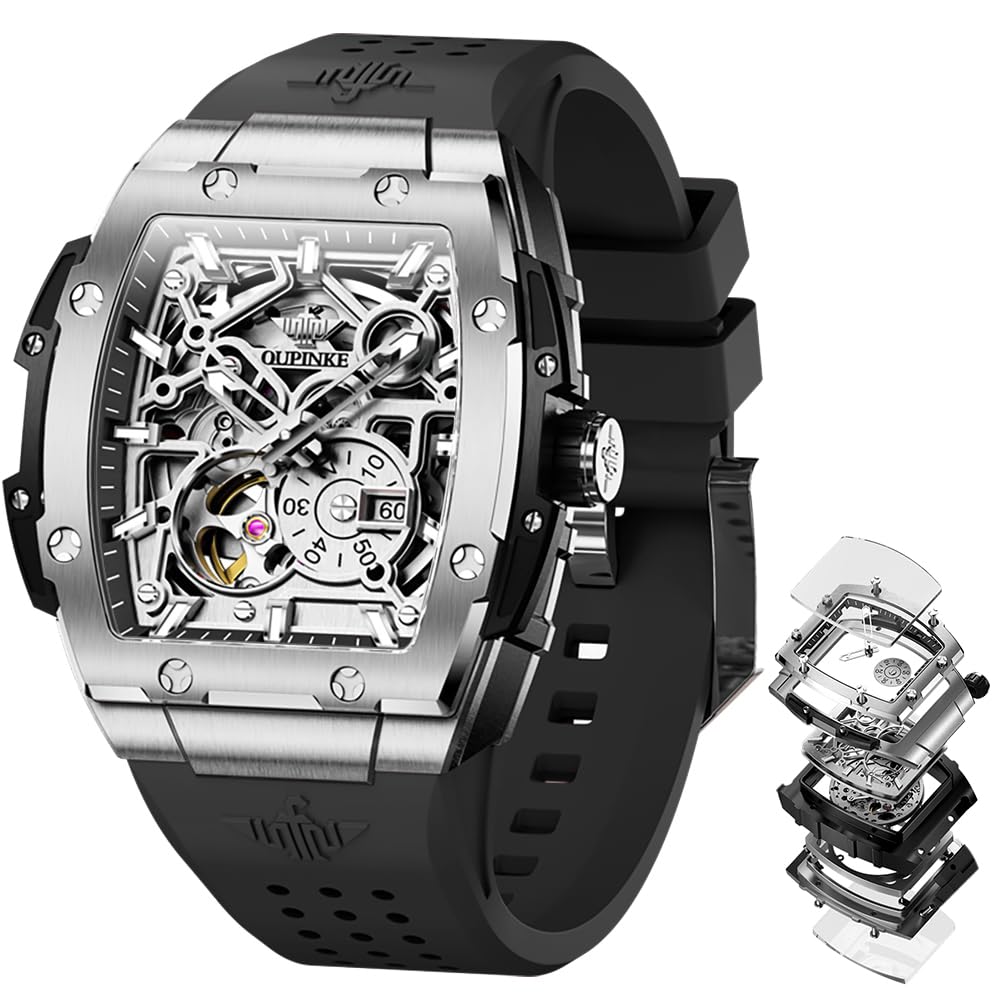 OUPINKE Watch Men Self Winding Luxury Skeleton Mechanical Business Dress Square Wrist Watches Calendar Black Watches