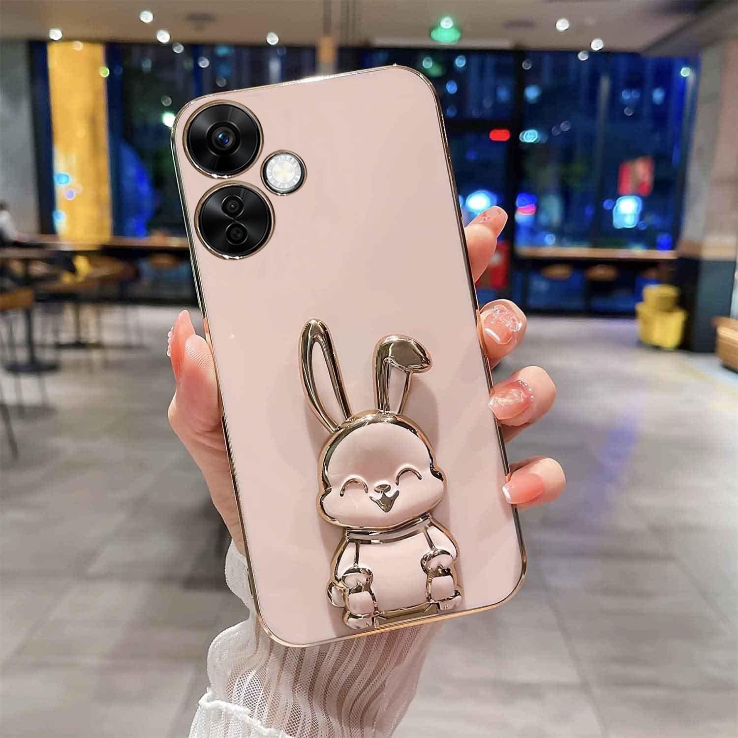 KC Back Cover for Oneplus Nord CE 3 Lite 5G, Hidden Rabbit Folding Bracket Kickstand Electroplated Soft Silicone Camera Protection Case - Pink