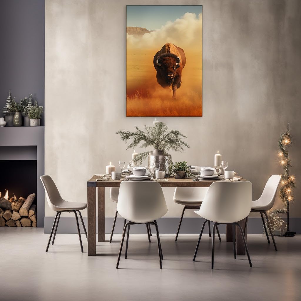 Canvas for Living room. Majestic Bison Dominates the Golden Prairie: A Portrait of Wild Serenity, 27 x 18 inch Canvas Wall Art - Contemporary Masterpieces - Modern Home Decor - 69x46 cm (27x18 inch)